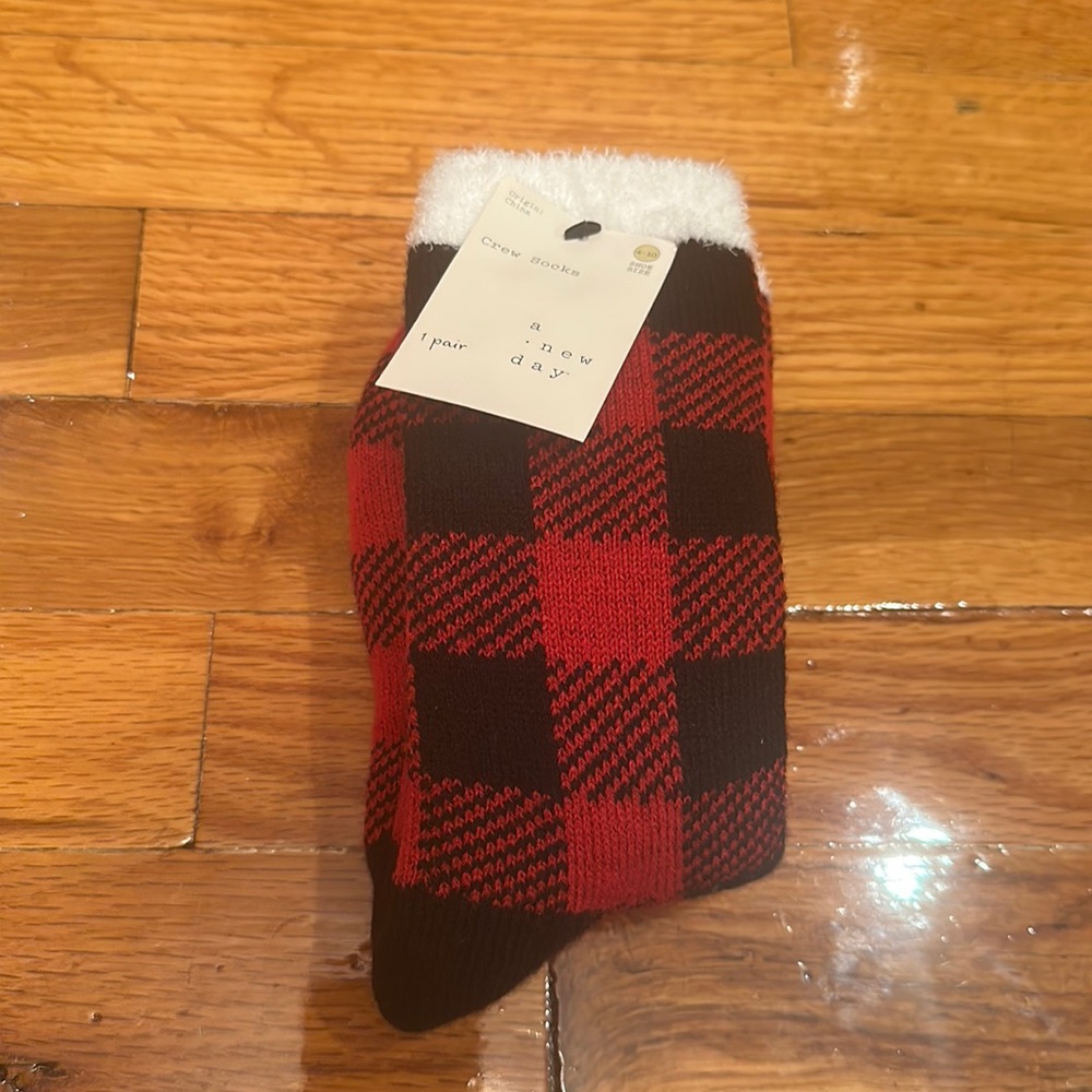 A new day crew sock - red and black pattern, white on top